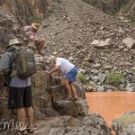Like most side canyon creeks, there are rapids at the mouth due to large boulders being deposited from torrential rain and flooding. In this location, there is not a good place for the raft to land, so we tied up before the rapids. This required a climb up a rock wall, and then over to access Clear Creek. Day 4, Mile 84½ (9839)