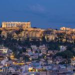 From the rooftop bar of our hotel using a 110mm telephoto lens (full frame equivalent). With a shorter focal length, I captured more of the Acropolis and the neighborhood below. (2616)