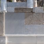 Typical of some reconstruction efforts, missing original stone pieces are replaced as much as possible. When necessary missing pieces (in white) are manufactured and used at the Acropolis. (3126)
