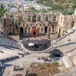 Built in 161 CE by Herodes Atticus, a wealthy Athenian benefactor (and Roman senator). Carved into southwest slope of the Acropolis, it had a free-standing roof and seated 5,000 people. Restored in the 1950's, it is used today for open-air concerts, operas, and other contemporary performances. (3132)