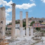 Next to the Tzistarakis Mosque with the Acropolis in the background. The library was built in A.D. 132, during the reign of Hadrian, but it was destroyed by an East Germanic tribe in 267 AD. The ruins represent the most impressive ancient building in all of Monastiraki. (3156)