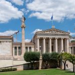 Greece’s highest research institution, promoting sciences, humanities, philosophy, and fine arts. It is a spectacular neoclassical building right in central Athens. It features two tall Ionic columns with statues of Athena (wisdom) on the left and Apollo (arts and harmony) on the right.
(3167)