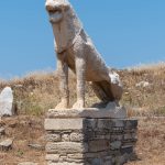 A reconstructed lion, representing marble sculptures from about 600 BCE. They acted as guardian figures — symbolically protecting Apollo's sanctuary. Many of the best-preserved original lions are now indoors in Delos Archaeological Museum. (2717)