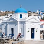 This Greek Orthdox church sits at the edge of the harbor at Mykonos Old Port. Its blue dome is framed by the whitewashed houses of Chora climbing the hillside behind. Dedicated to the patron saint of sailors, the small church has welcomed travelers arriving by sea for centuries. (2731)