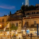 Built in 1927, the tower sits on the hill above Poros Town or "Chora" , and is visible from almost anywhere in the harbor and from boats approaching the island. ("Chora", is the name frequently given to the main town.). (2695)