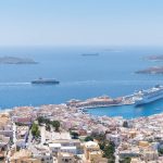 Also visible are wonderful views of Ermoupolis and the harbor. What is not visible is our ship, hiding behind the cruise liner. (2960)