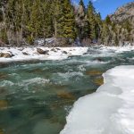 The Animas River, the constant companion of the railroad, is transformed by winter's grip, with ice framing the river's edges.